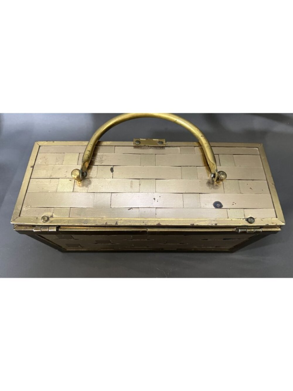 Woven Brass Metallic Box Purse With Red Lined Interior & Handle - Picture 8 of 11